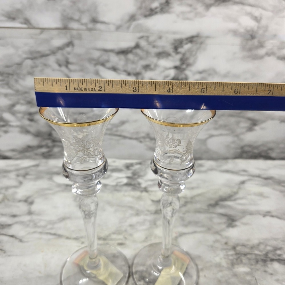 Crystal Glass Candle Holders Set of 2 Gold Rim Mikasa "Antique Lace" Vtg Stemmed - Picture 6 of 6